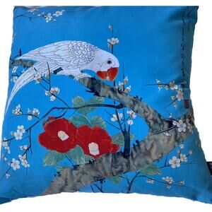 BSL Cherry Tree Parrot Asian Tropical Painted Decorative Pillow Down Fill 18x18”